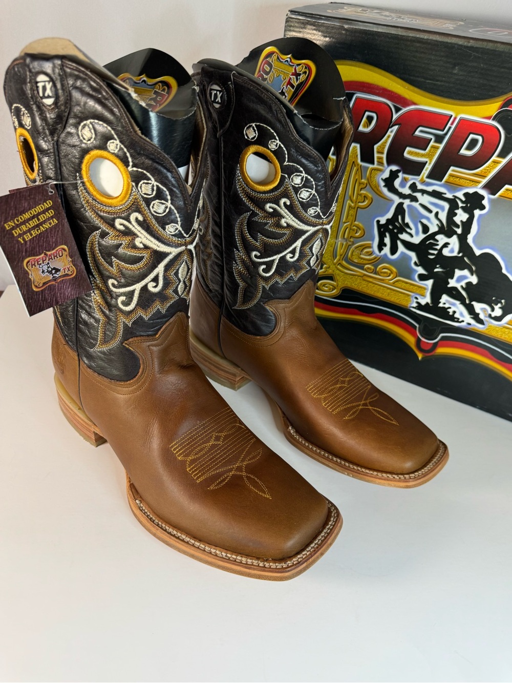 Reparo Premium Brown & Black Western Cowboy Boots w/Embroidered Shaft Mens 10.5